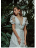 Short Sleeves Ivory 3D Lace Tulle Wedding Dress With Beaded Sash